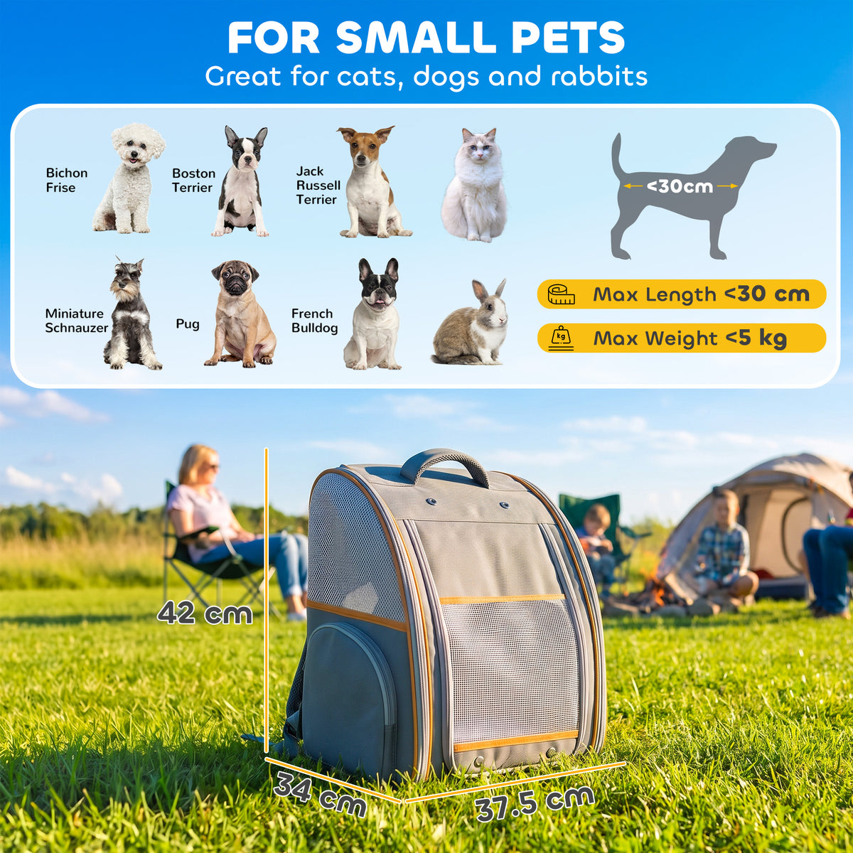 Foldable Pet Backpack Carrier | Breathable Mesh Windows | Removable Rigid Base | 600D Waterproof Oxford | Side Storage | 37.5x34x42cm | Folds to 43x39x9cm | 5kg | Cats Dogs Rabbits | Grey