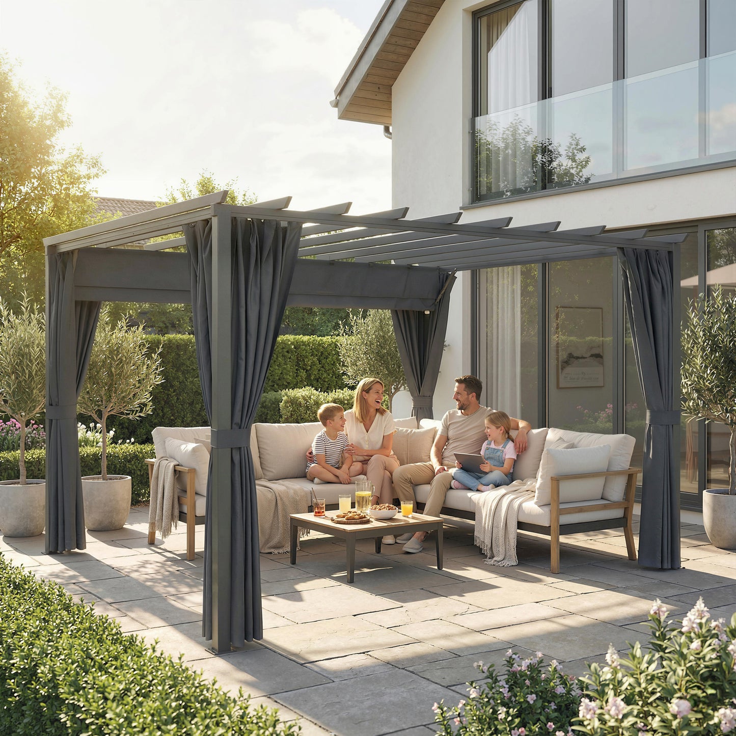 3.6x3m Aluminium Pergola | Retractable Sliding Canopy | Zip Curtains | 7.6cm Columns | Ground Stakes | Dark Grey