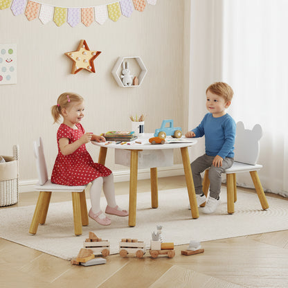 Kids Activity Table & 2 Chair Set | 3-Piece | Bear Backrest | Centre Mesh Storage | Arts & Crafts | Ages 3-6 | White