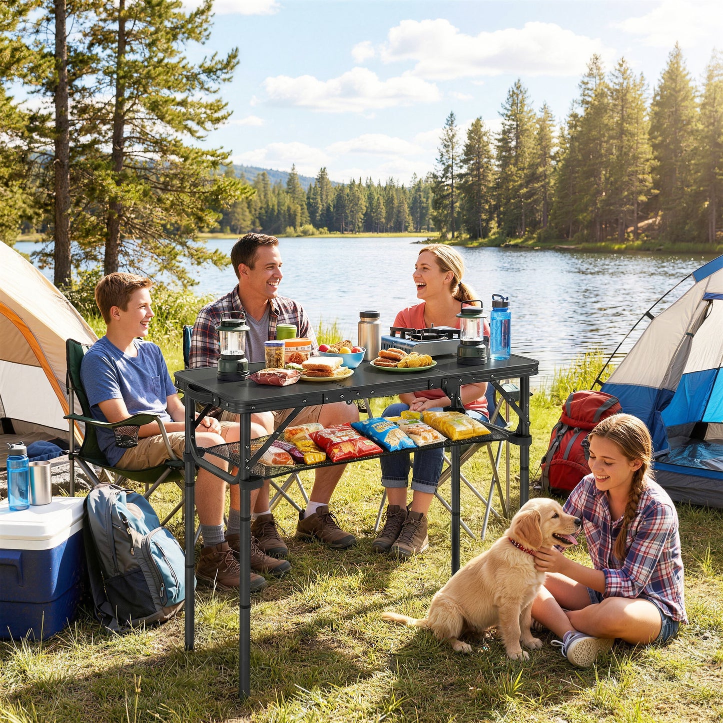 3ft Folding Camping Picnic Table | Tri-Fold | 90x40cm | Water Repellent MDF Top | Mesh Storage Layer | Carry Bag | 35kg | Black