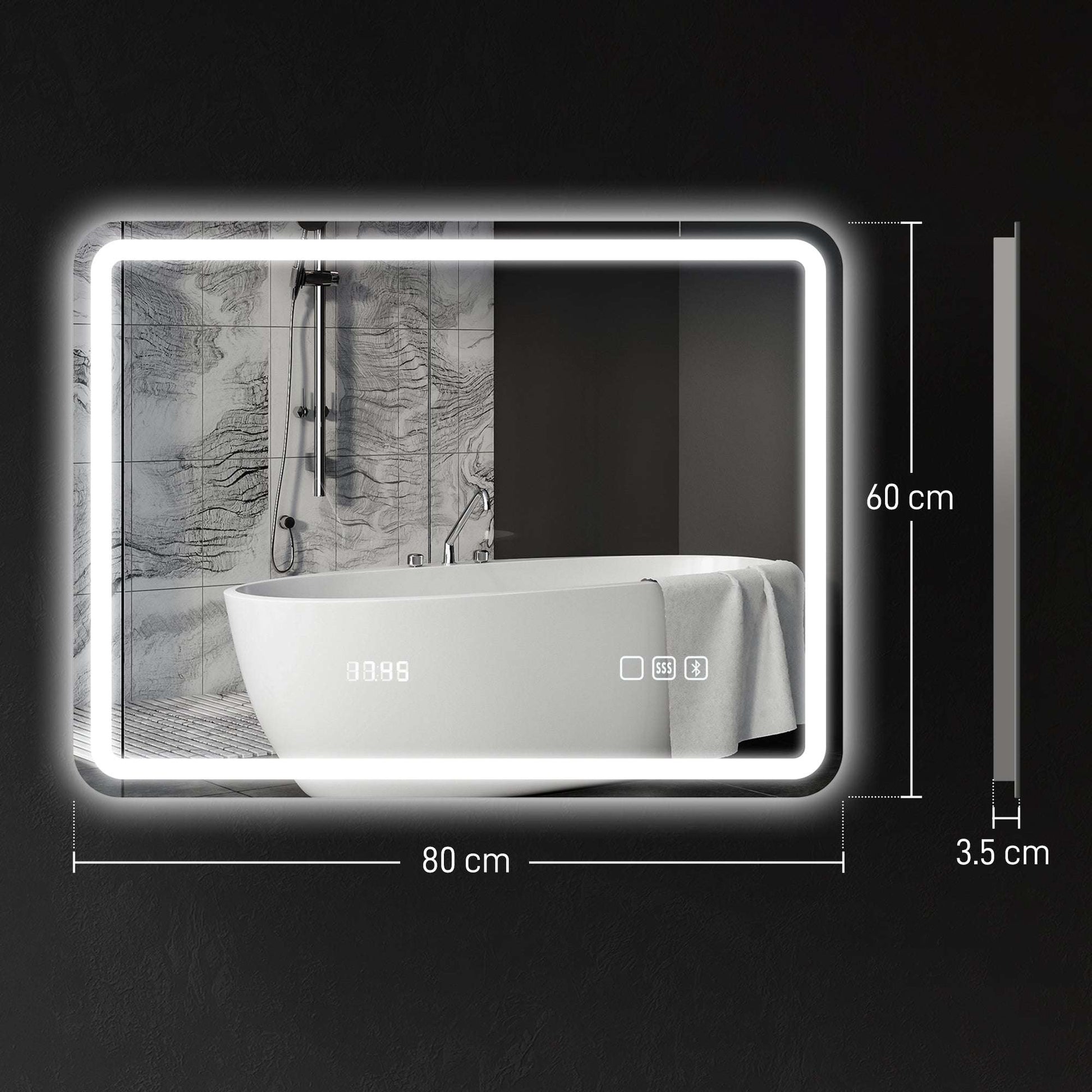 60 x 80 cm Bluetooth LED Bathroom Mirror with Clock Anti-Fog - Silver Tone