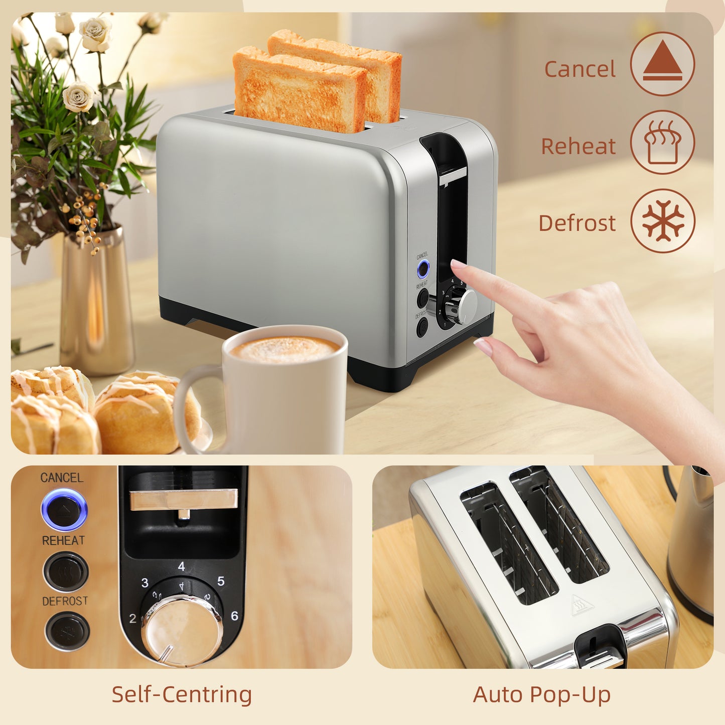 Simple Polished Toaster and Kettle Set - Silver Tone / Black Tone