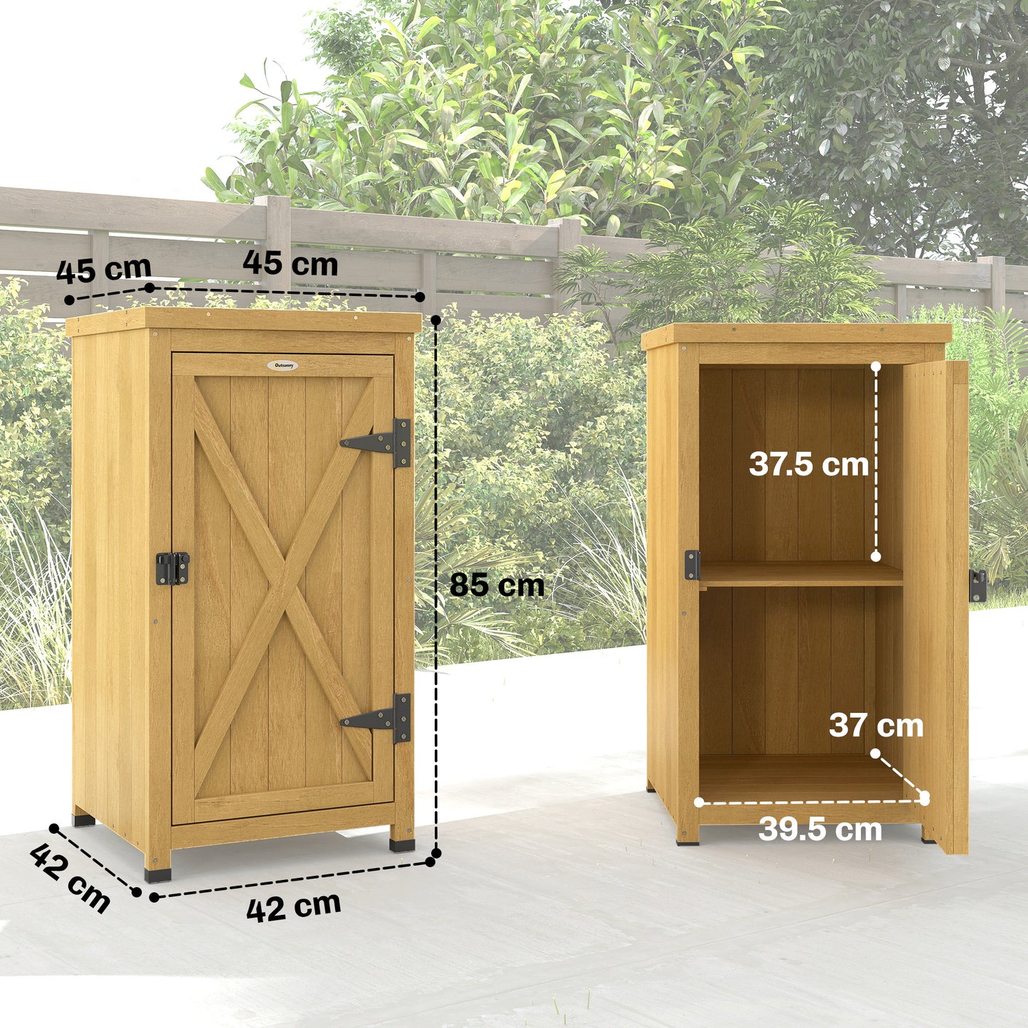 Compact Fir Wood Garden Storage Cupboard | Galvanised Metal Top | 2-Tier Shelf | Metal Clasp Door | 7.5cm Raised Feet | 45x45x85cm | Patio & Balcony | Light Brown