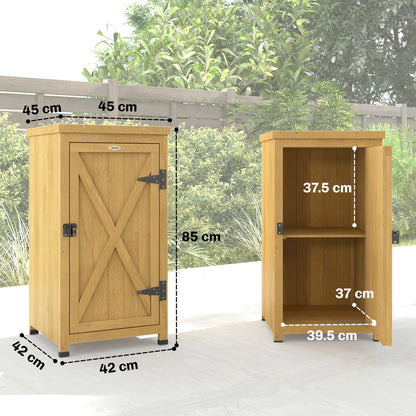 Compact Fir Wood Garden Storage Cupboard | Galvanised Metal Top | 2-Tier Shelf | Metal Clasp Door | 7.5cm Raised Feet | 45x45x85cm | Patio & Balcony | Light Brown