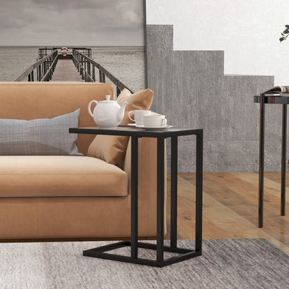 C Shape Bedside Table w/Metal Frame Marble-Effect Top Sofa Narrow Snack End Table for Living Room, Grey