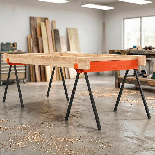 Folding Sawhorses Twin Pack | Height Adjustable 71–85.5cm | 500kg Capacity | 2x4 Bracket | Orange