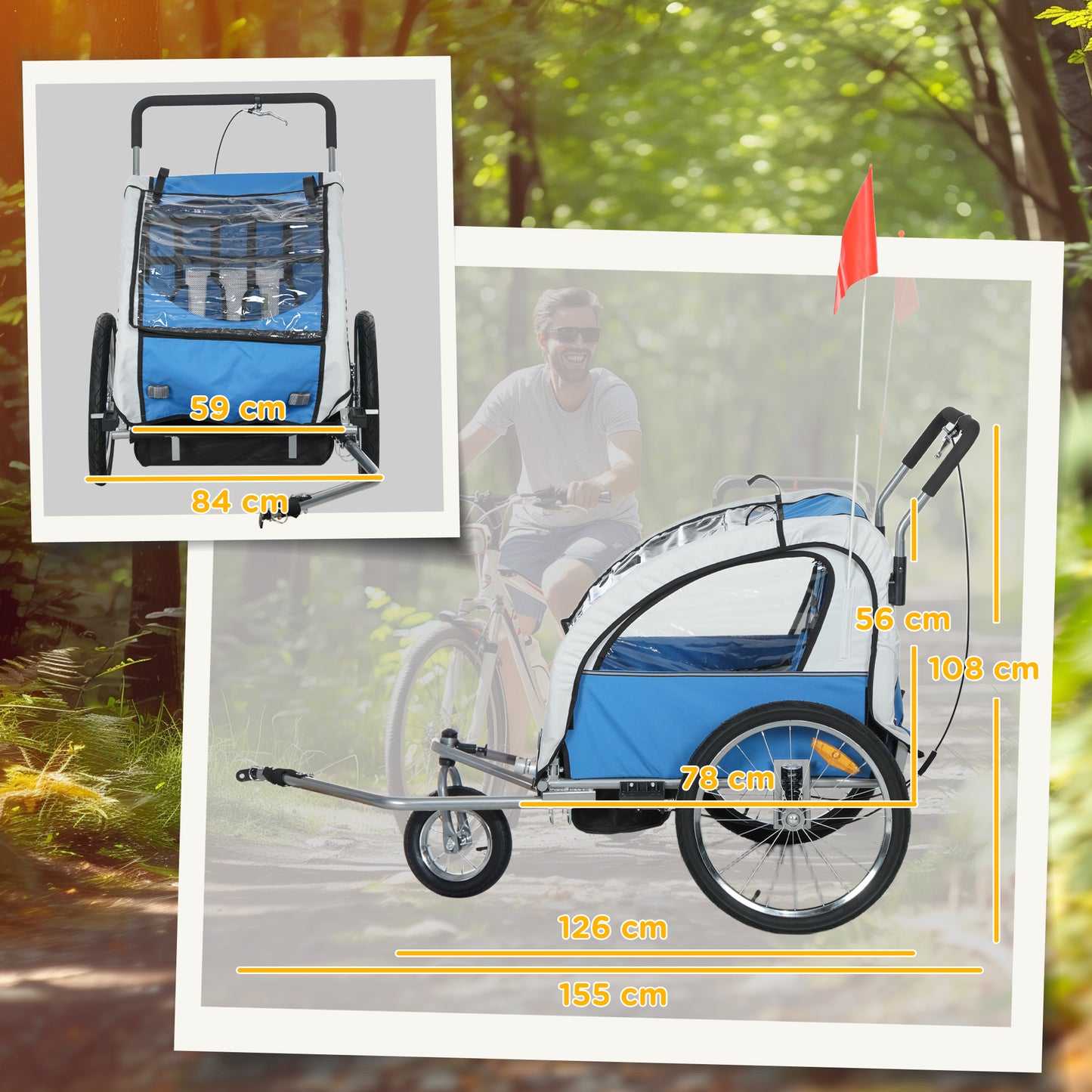 2 Seat Bike Trailer with 5 Point Harness, Baby Bike Stroller with Safety Flag, Reflectors, for 18+ Months