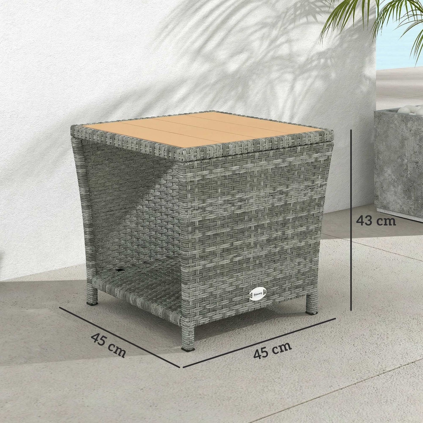 2-Tier Outdoor Rattan Side Table | PS Wood-Plastic Slat Top | PE Wicker | Powder-Coated Frame | UV-Resistant | 50kg | 45x45x43cm | Light Grey