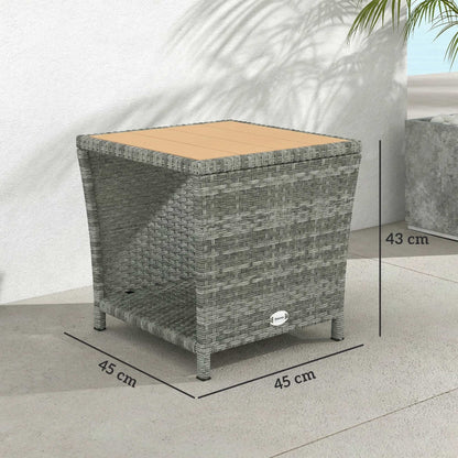 2-Tier Outdoor Rattan Side Table | PS Wood-Plastic Slat Top | PE Wicker | Powder-Coated Frame | UV-Resistant | 50kg | 45x45x43cm | Light Grey