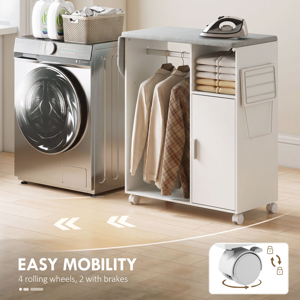 Rolling Ironing Board Cabinet | Folding Top, Clothes Rail & Adjustable Storage Shelf | Iron Holder, 4 Wheels & 2 Brakes | White/Grey