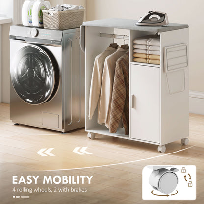Rolling Ironing Board Cabinet | Folding Top, Clothes Rail & Adjustable Storage Shelf | Iron Holder, 4 Wheels & 2 Brakes | White/Grey