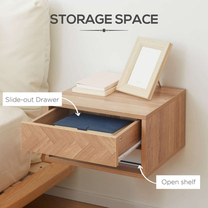 2 Pieces Bedside Table Wall Mounted Nightstand with Drawer and Shelf for Bedroom, 37 x 32 x 21cm, Natural