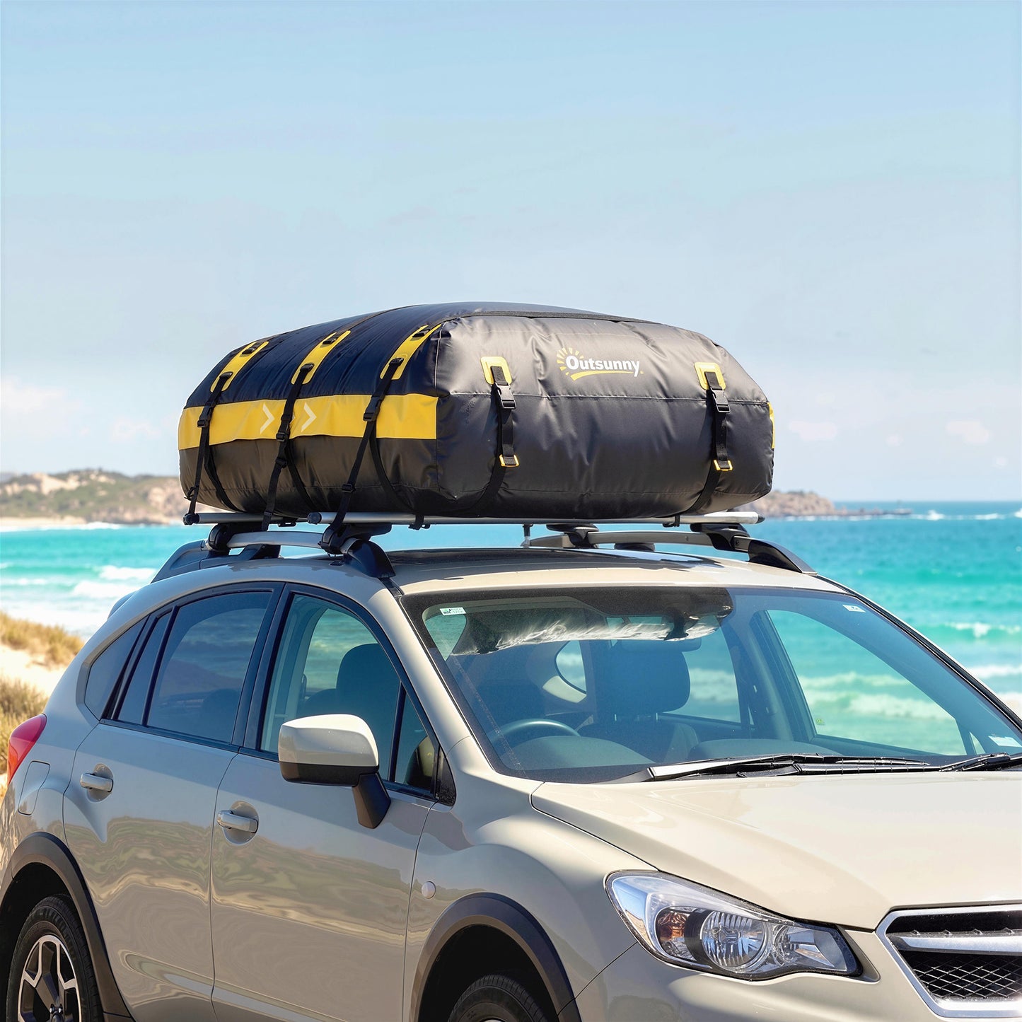 Car Roof Bag | 21 Cu Ft | 500D Waterproof | 7 Straps | No Roof Rack Needed | Reflective | Combination Lock | Yellow