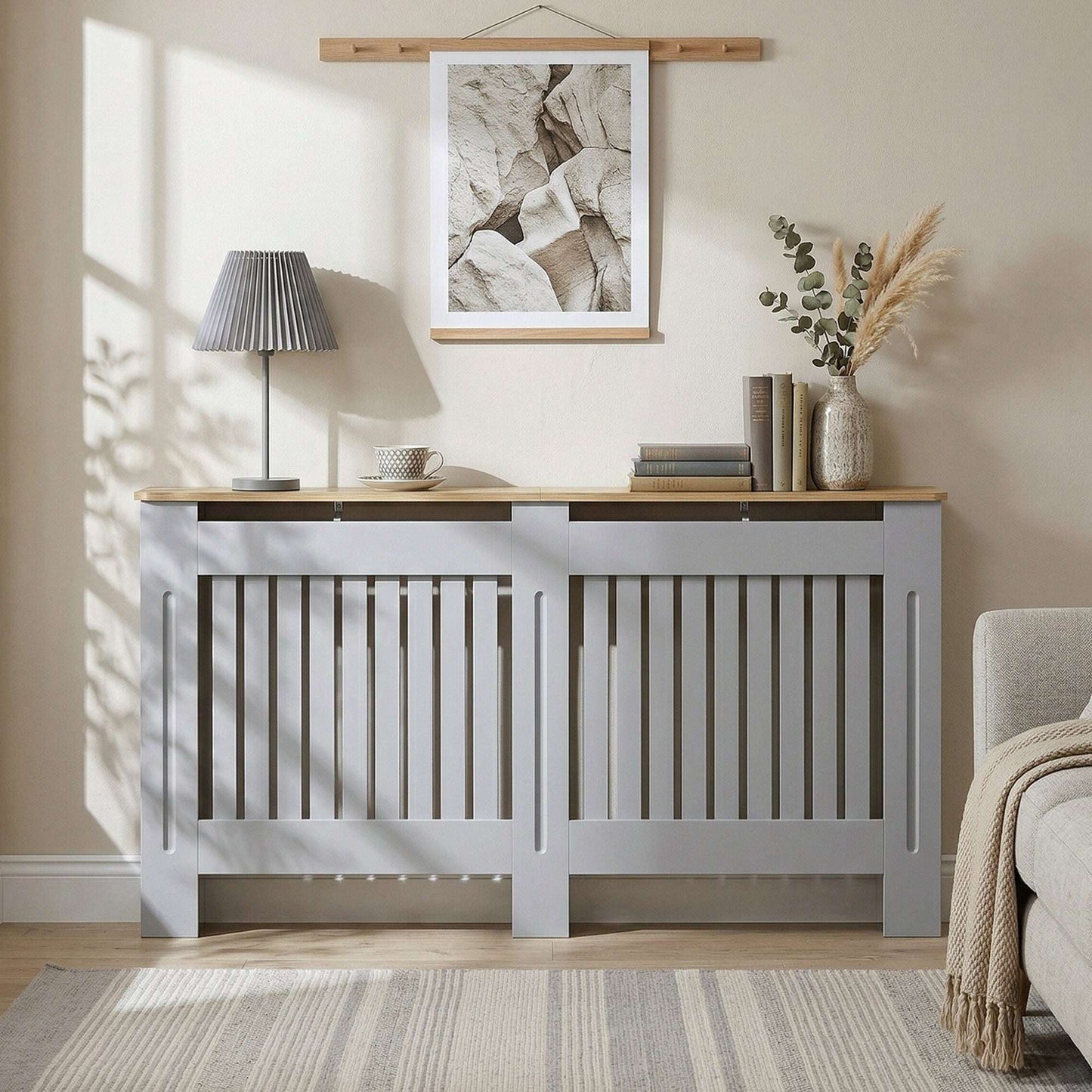 MDF Radiator Cover | Slatted Line Grill Design | Display Top | Wall Mountable | Fittings Included | 10kg | 152x19x81cm | Grey