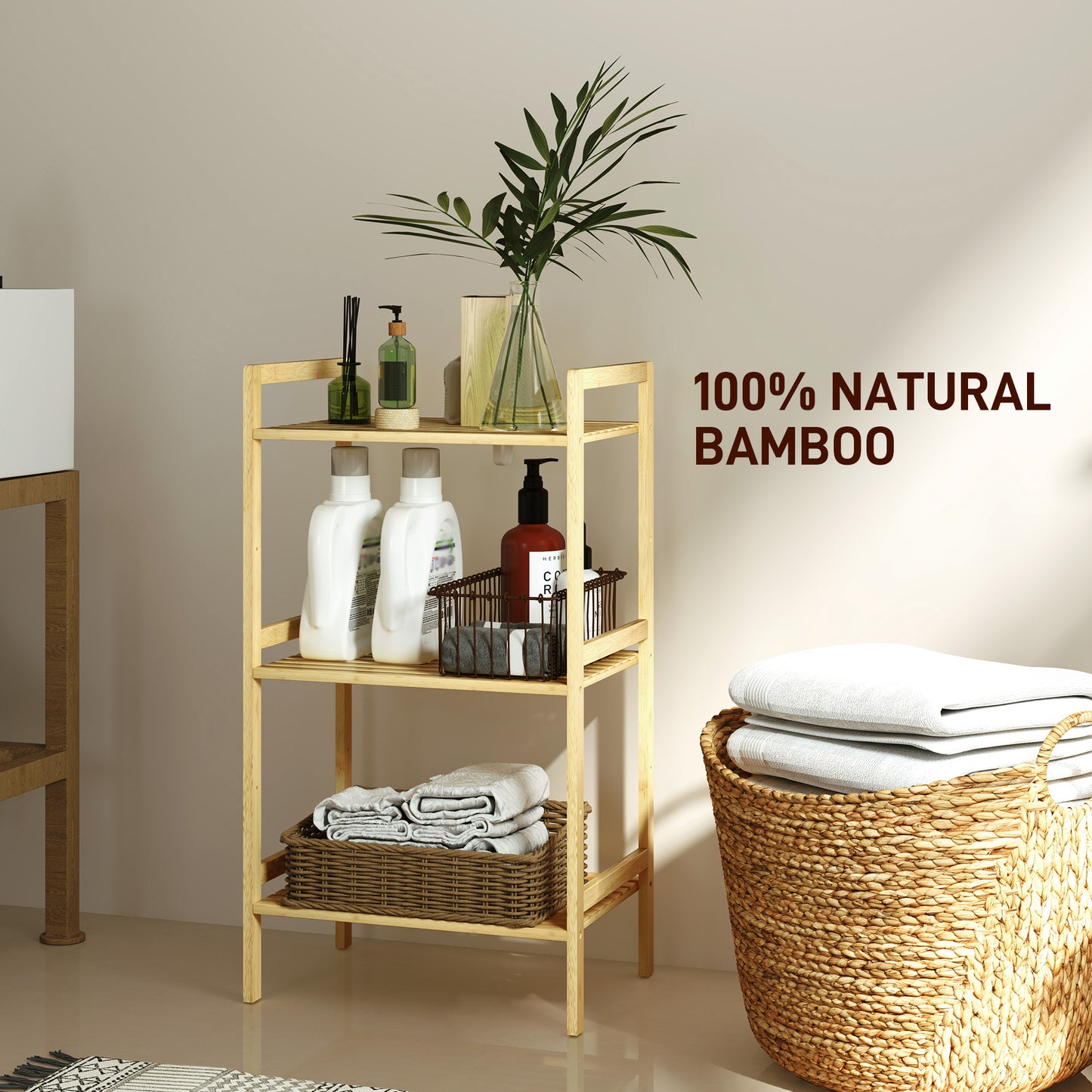 Three-Tier Bamboo Adjustable Shelf Storage Unit