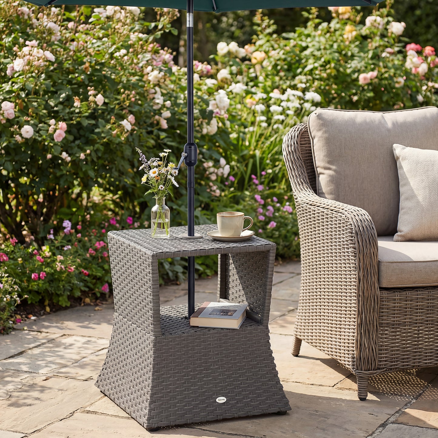 Rattan Garden Bistro Coffee Table | 54x54x55cm | Umbrella Hole 38mm | Open Storage Shelf | PE Wicker Metal Frame | 30kg | Dark Grey