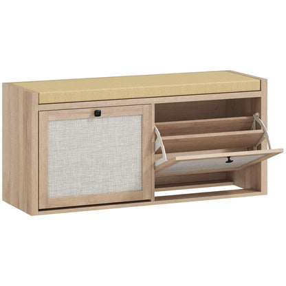 Hallway Shoe Bench | PE Rattan Doors | 4.5cm Foam Padded Seat for 2 | 2 Flip-Down Cabinets | Magnetic Catches | BS5852 Compliant | 180kg Capacity | 105x35x50cm | Oak Wood Effect
