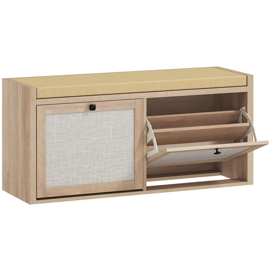 Hallway Shoe Bench | PE Rattan Doors | 4.5cm Foam Padded Seat for 2 | 2 Flip-Down Cabinets | Magnetic Catches | BS5852 Compliant | 180kg Capacity | 105x35x50cm | Oak Wood Effect