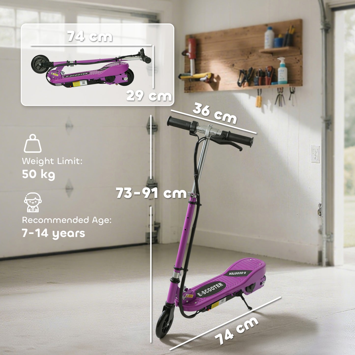Foldable Electric Kids Scooter, Ride-on for Ages 7-14 Years, Purple