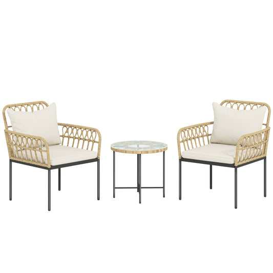 3 Piece Rattan Bistro Set, Wicker Garden Furniture Set with Cushions, Glass Top Coffee Table and Chairs for Outdoor, Patio, Balcony, Beige