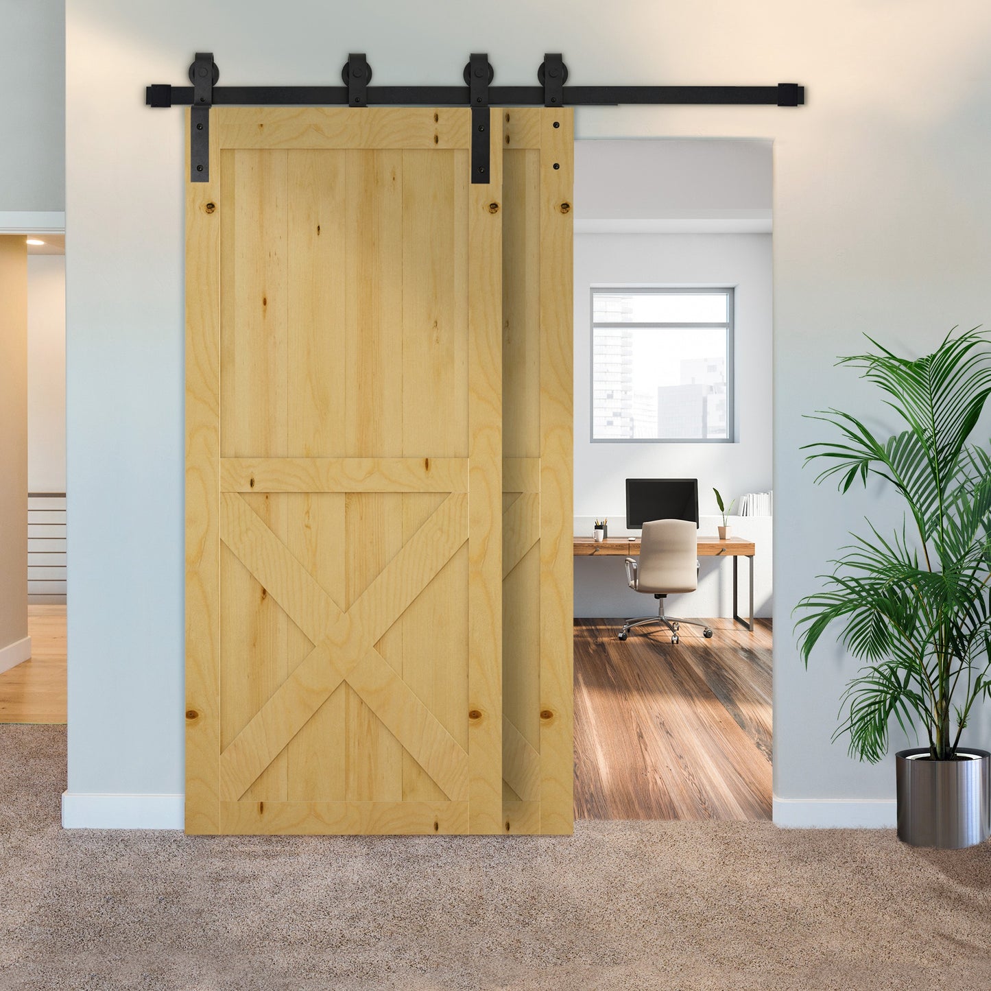 Sliding Barn Door Hardware Track Kit | 200cm Rail | 2 Doors | 90kg | Carbon Steel | Industrial Rollers | 35-40mm Door Panels | Wood & Cement Walls | Black