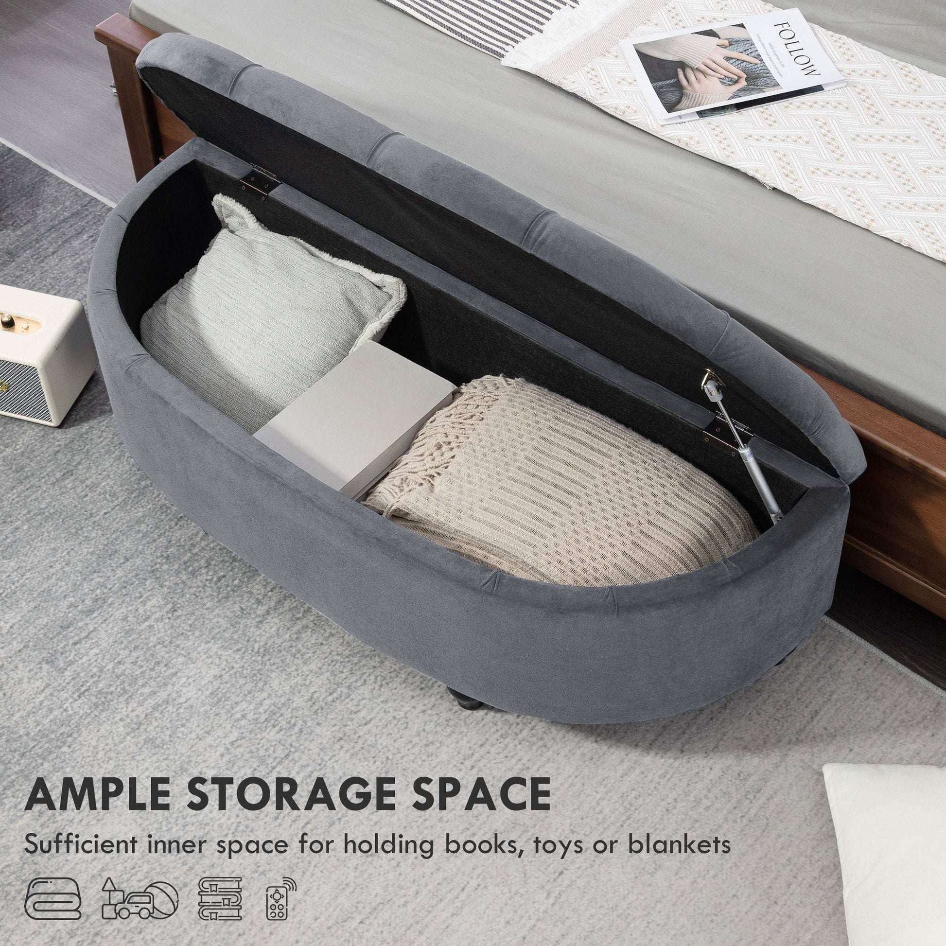 Semi-Circle Bed End Bench Ottoman W/ Storage Tufted Upholstered Accent Seat Footrest Stool with Rubberwood Legs for Bedroom & Entryway