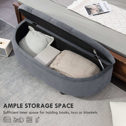 Semi-Circle Bed End Bench Ottoman W/ Storage Tufted Upholstered Accent Seat Footrest Stool with Rubberwood Legs for Bedroom & Entryway