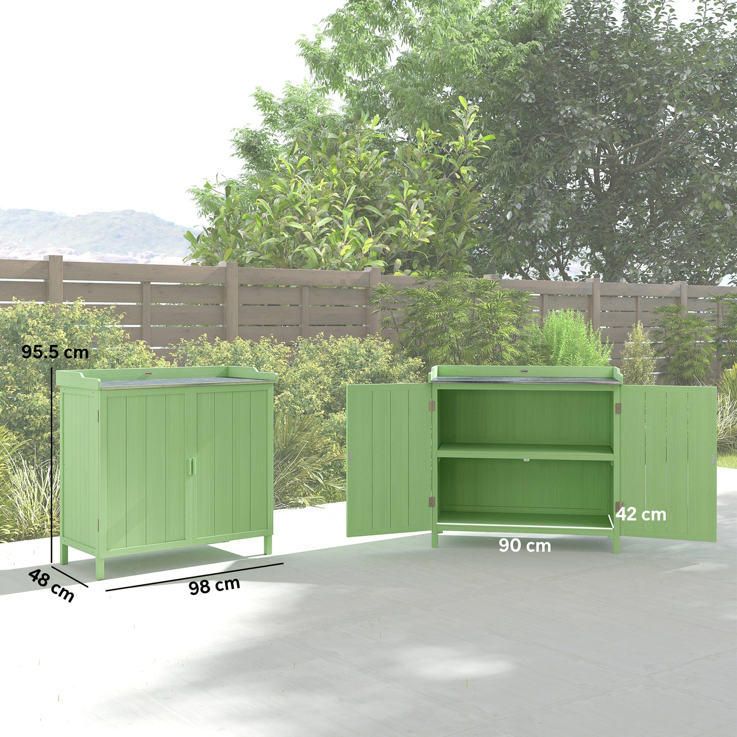 Wood Garden Storage Cabinet, Outdoor Tool Shed, Potting Bench Table with galvanised Top and Two Shelves, Green