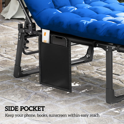 Folding Sun Lounger Camping Bed | 5 Position Recline | 68cm Mesh Seat | Removable Cushion & Headrest | Portable | 120kg | Blue