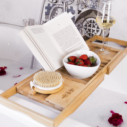 Maison & White Extendable Bamboo Bath Caddy | Adjustable 70.5–105cm | Wine Glass Holder | Smartphone Slot | Tablet & Book Rest | Non-Slip Feet | Natural Bamboo | 2-Year Warranty