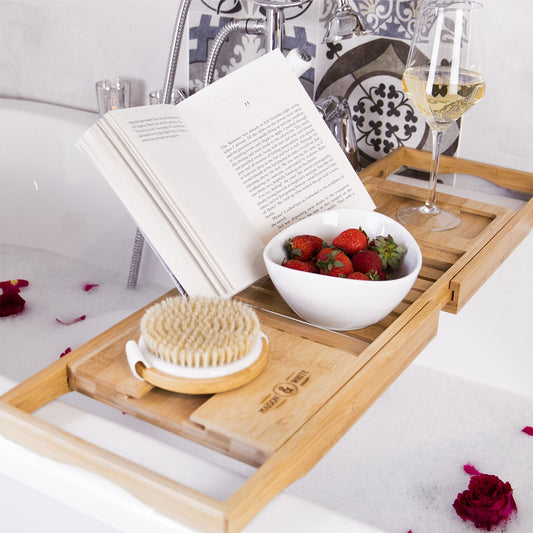 Maison & White Extendable Bamboo Bath Caddy | Adjustable 70.5–105cm | Wine Glass Holder | Smartphone Slot | Tablet & Book Rest | Non-Slip Feet | Natural Bamboo | 2-Year Warranty