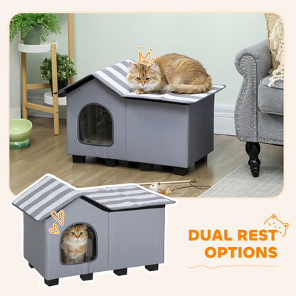 PawHut Outdoor Cat House, Weatherproof Feral Cat Cave with Elevated Base and Cushion for Winter, Grey