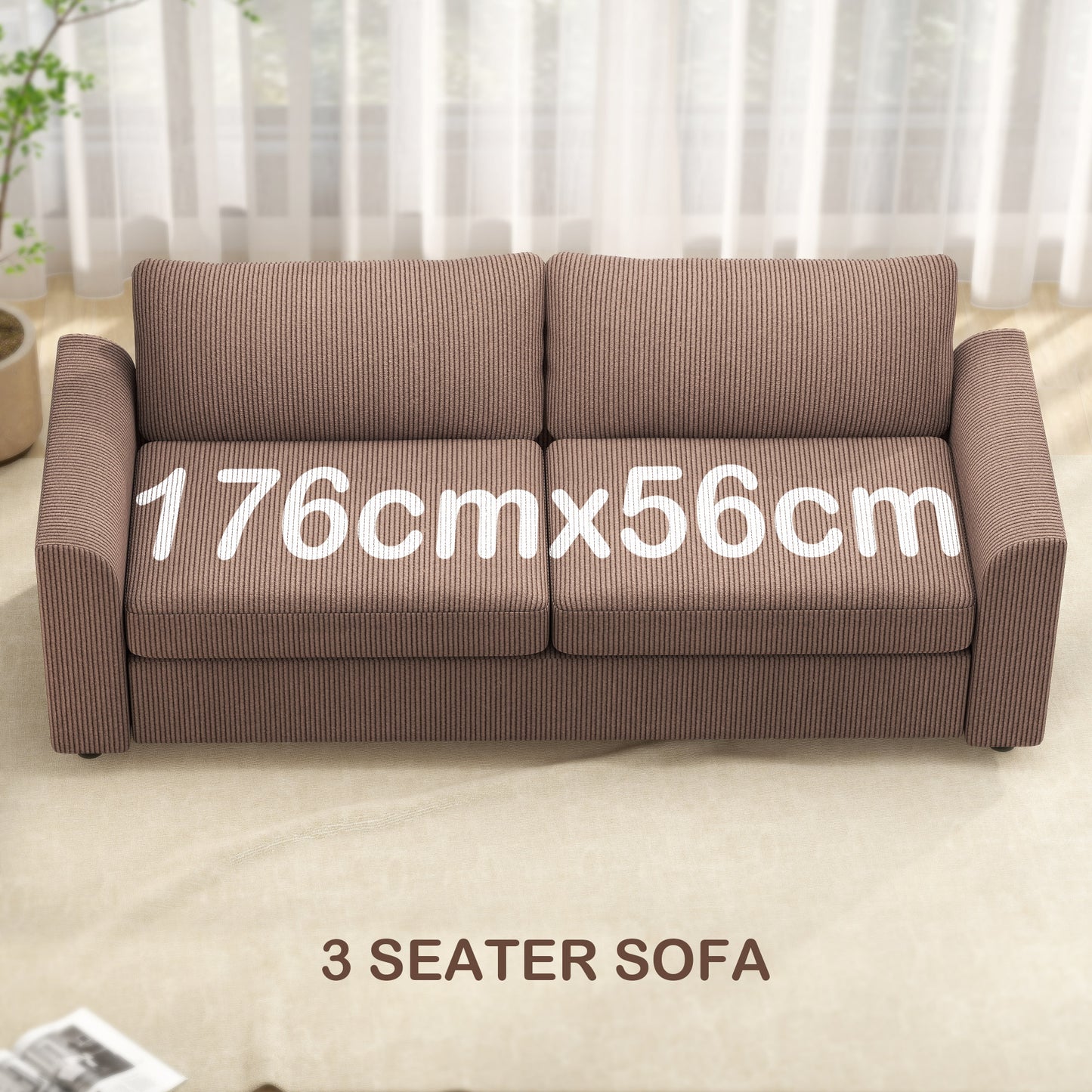 Modern 3 Seater Sofa with Spring Cushion, 212 cm Fabric Jumbo Cord Sofa Couch with 2 Scatter Cushions, Upholstered Corduroy Settee, Coffee