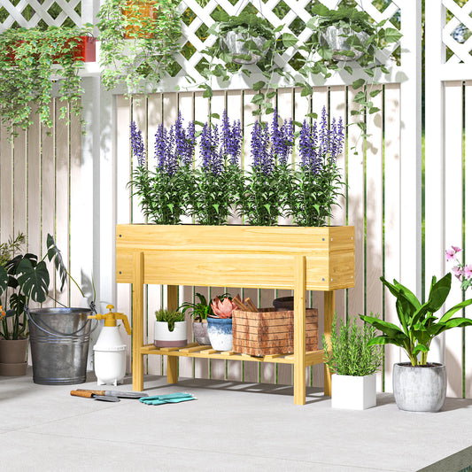 Wooden Raised Garden Bed, Elevated Planter Box with Bed Liner, Drainage Holes and Storage Shelf, Raised Planter for Vegetables, Flowers, Herbs, Natural Wood Finish