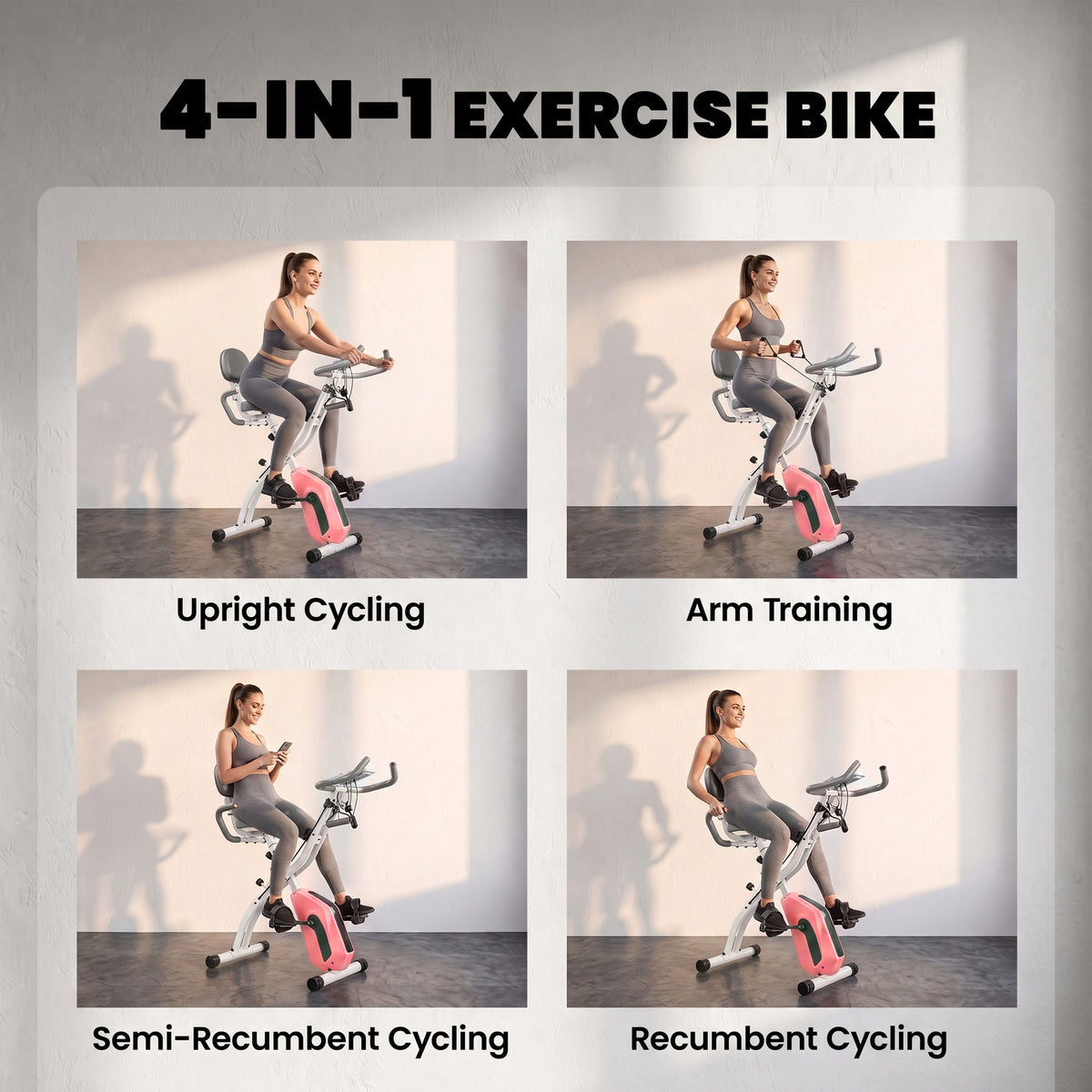 4-in-1 Folding Exercise Bike | Upright & Recumbent | Resistance Bands | Bluetooth Zwift & Kinomap | 8-Level Magnetic Resistance | 40dB | LCD Display | 120kg | Folds to 53.5x48x135cm | Pink