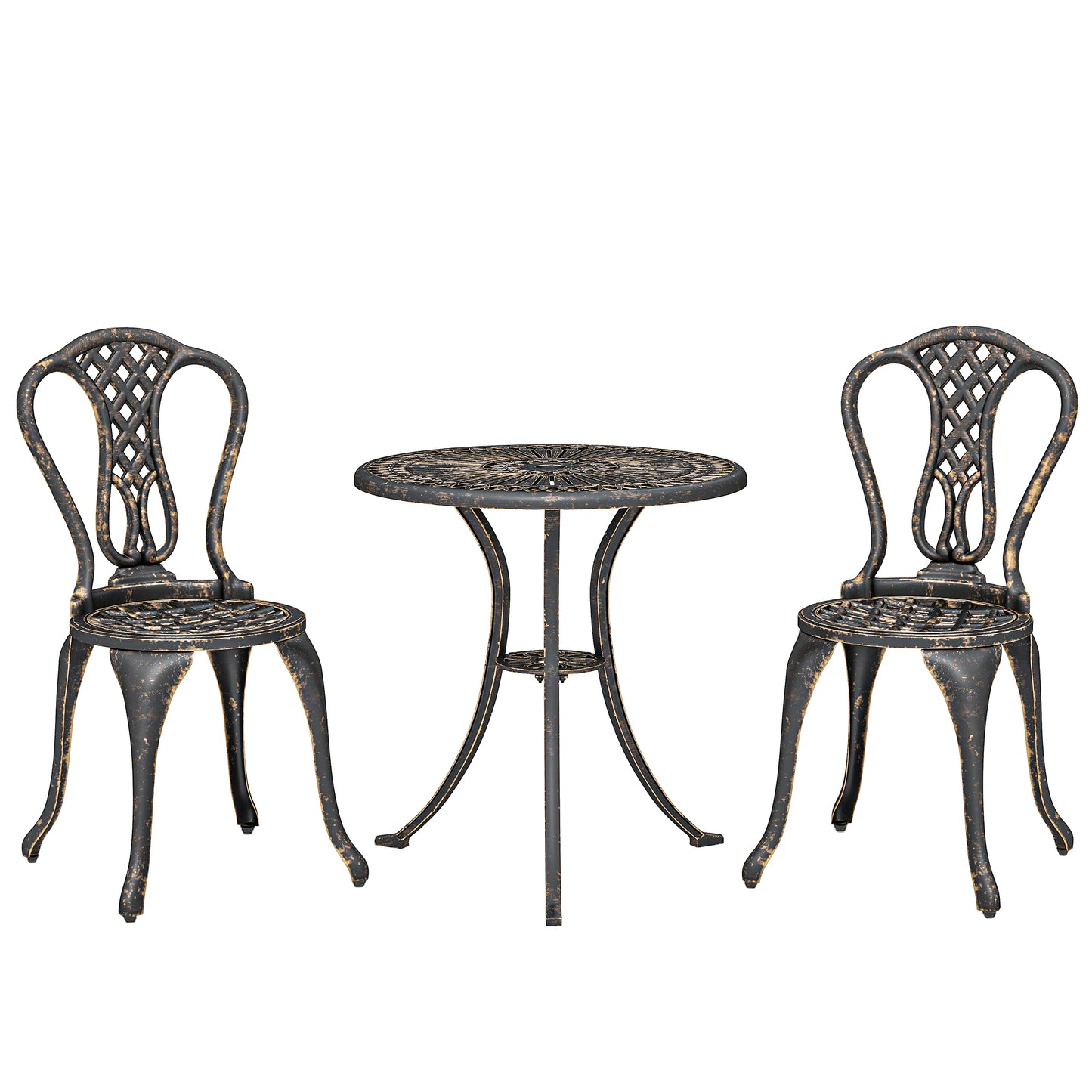 3 Piece Cast Aluminium Garden Bistro Set | Round Table Dia 63cm | Umbrella Hole | 2 Chairs | Rust Proof | Vintage Design | 120kg | Bronze Tone