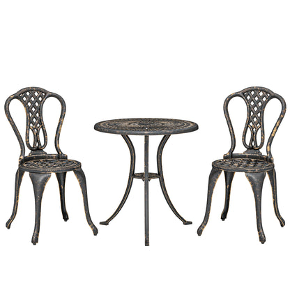 3 Piece Cast Aluminium Garden Bistro Set | Round Table Dia 63cm | Umbrella Hole | 2 Chairs | Rust Proof | Vintage Design | 120kg | Bronze Tone