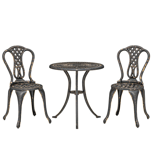 3 Piece Cast Aluminium Garden Bistro Set | Round Table Dia 63cm | Umbrella Hole | 2 Chairs | Rust Proof | Vintage Design | 120kg | Bronze Tone