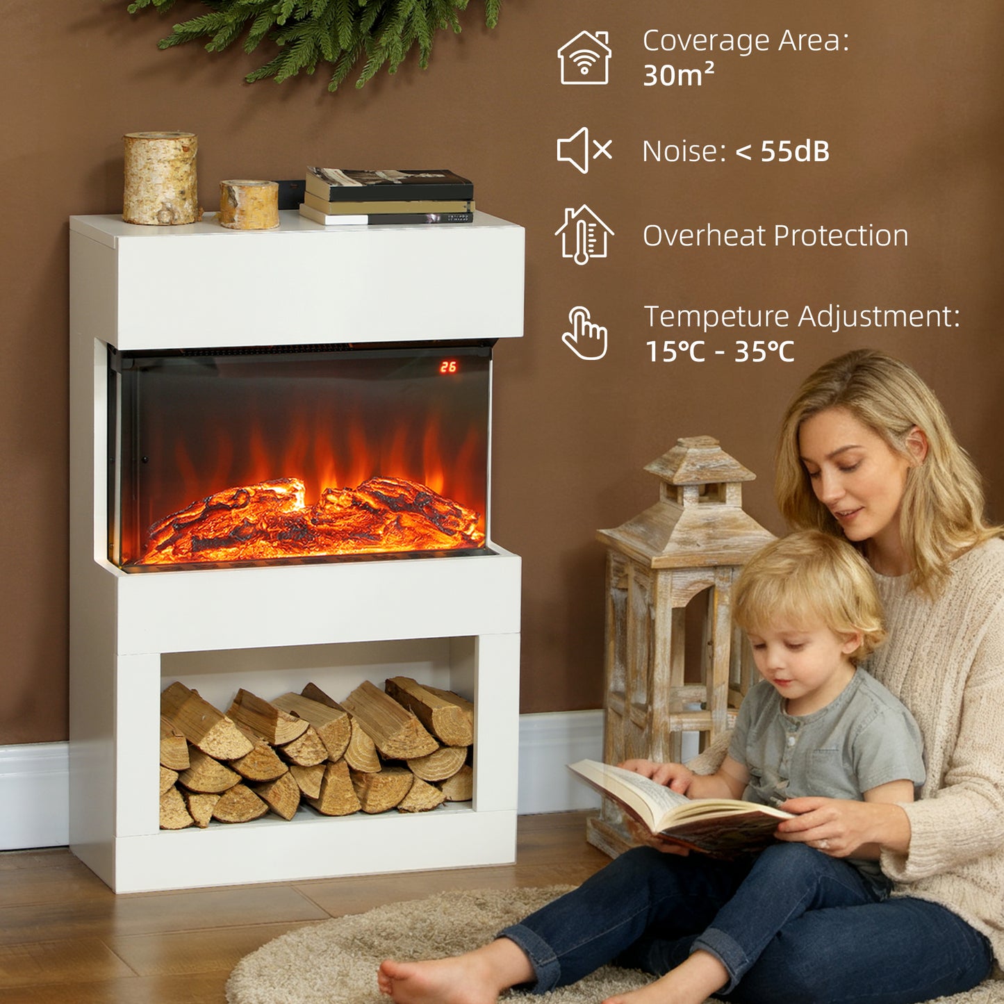 Electric Fireplace with 3D Flame Effect, 6 Colours & 3 Brightness Levels, 1000W/2000W Electric Fire and Mantel Reach up to 30㎡ Space with Remote & Timer