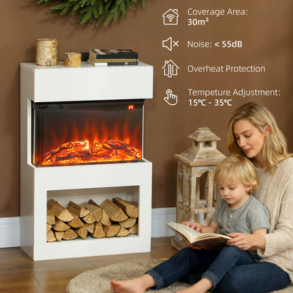 Electric Fireplace with 3D Flame Effect, 6 Colours & 3 Brightness Levels, 1000W/2000W Electric Fire and Mantel Reach up to 30㎡ Space with Remote & Timer