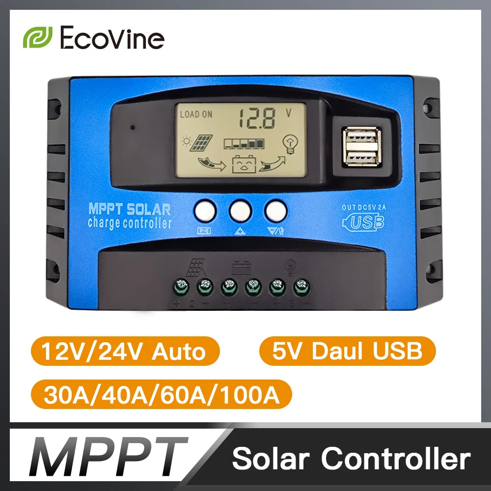 MPPT Solar Charge Controller 12V 24V Solar Panel Battery Charger 30A 40A 50A 60A 100A Dual USB LCD Display Regulator with Load