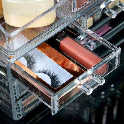 Pukkr 20 Section Clear Acrylic Cosmetic Makeup & Jewellery Organiser | 4 Slide-Out Drawers with Mesh Liners | Open-Top Tray | Lipstick Brushes Nail Polish Palettes | 19x14x13.5cm | 2-Year Guarantee