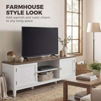 Farmhouse TV Stand | 140cm | Up to 42" TV | 2 Cabinets | 2 Open Shelves | Gold T-Bar Handles | Cable Holes | 50kg | White