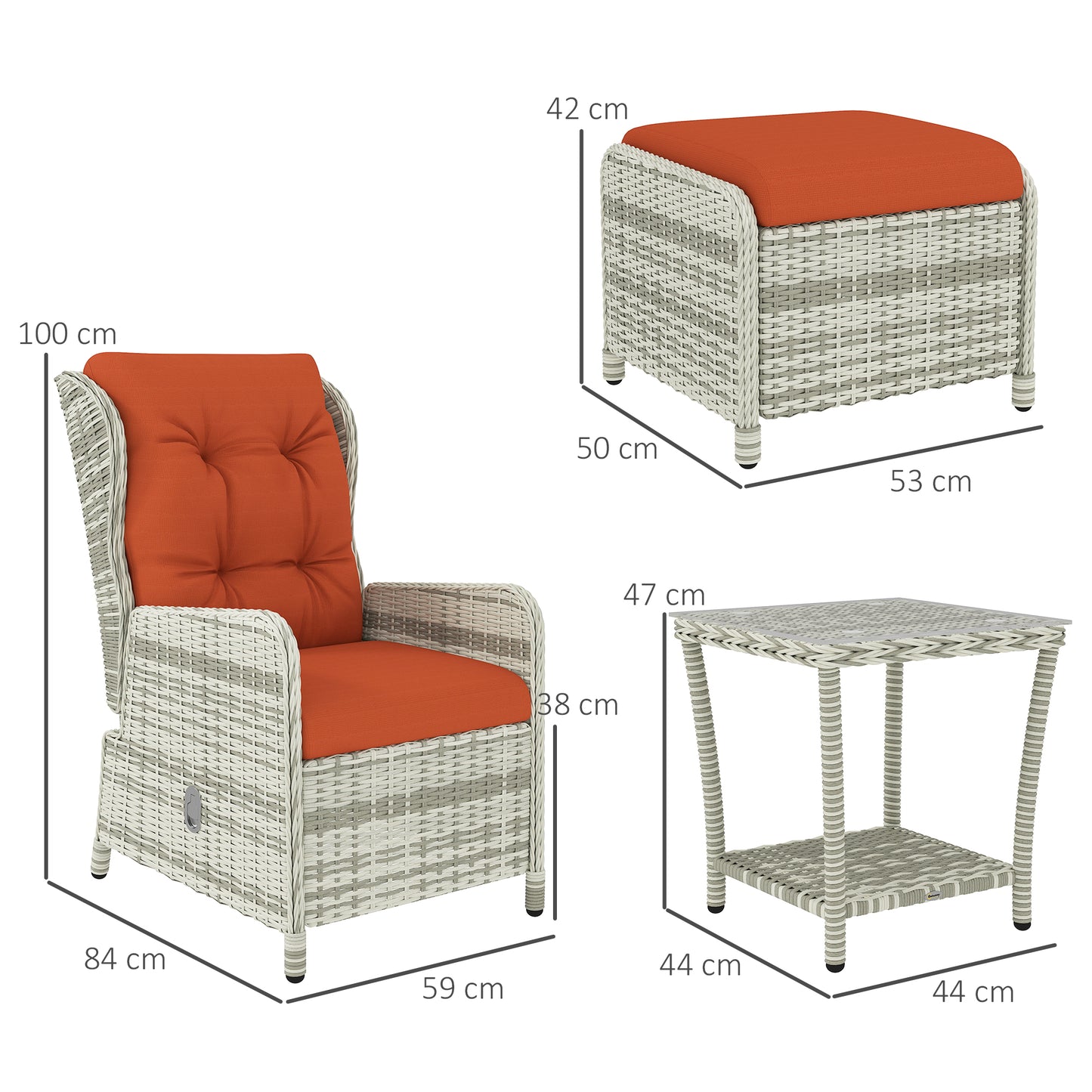 Outsunny 5 Pieces Rattan Bistro Set with Adjustable Back, Reclining Wicker Balcony Furniture with Cushions, Glass Top Coffee Table, Orange