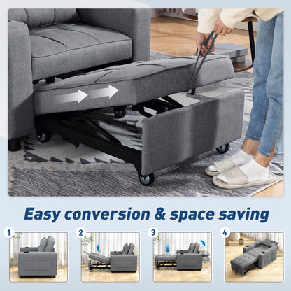 3-in-1 Single Sofa Bed | Armchair | Recliner | Sleeper | 95x190cm | 12cm Mattress | Cup Holders & Side Pockets | Pillow | 120kg | Dark Grey