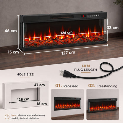 127cm Electric Fireplace Insert | 3-Sided Panoramic Log Effect | 900/1800W, 12 Colours, Remote & Timer | Black