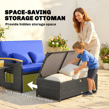 3-in-1 Rattan Garden Daybed | Loveseat to Daybed | Storage Ottoman | 5-Level Adjustable Backrest | 2 Foldable Side Tables | All-Weather PE Rattan | 240kg | Brown