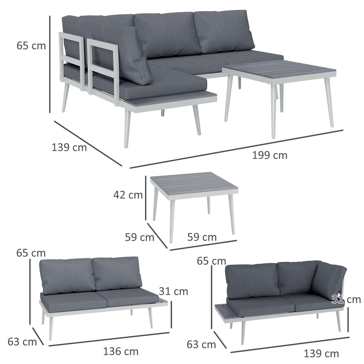 Outsunny 3 Piece Garden Furniture L Shaped Garden Corner Sofa with Cushions, Mesh Seat, Wood-Grain Table, Outdoor Furniture Set , Grey