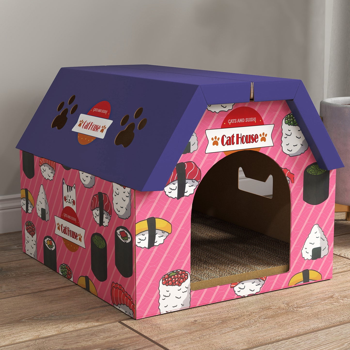 PawHut Cat Scratching Board, 2-in-1 Cardboard Cat House and Hideaway for Indoor Cats, Pink