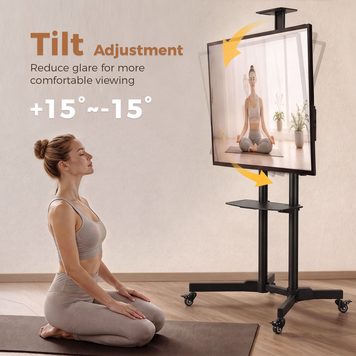 Mobile TV Stand on Wheels for 32-75 Inch TVs | 5-Level Height 120-187.5cm | ±15° Tilt | VESA up to 400x600mm | 50kg Load | 360° Locking Casters | Dual Shelves | Black